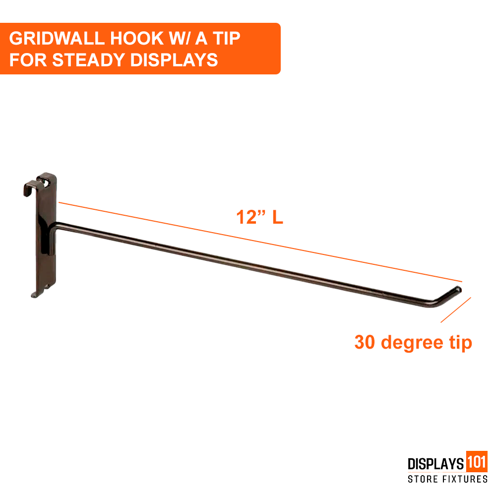12" Gridwall Hooks | 100-Pack Black Hooks For Grid Panel Displays - NEW