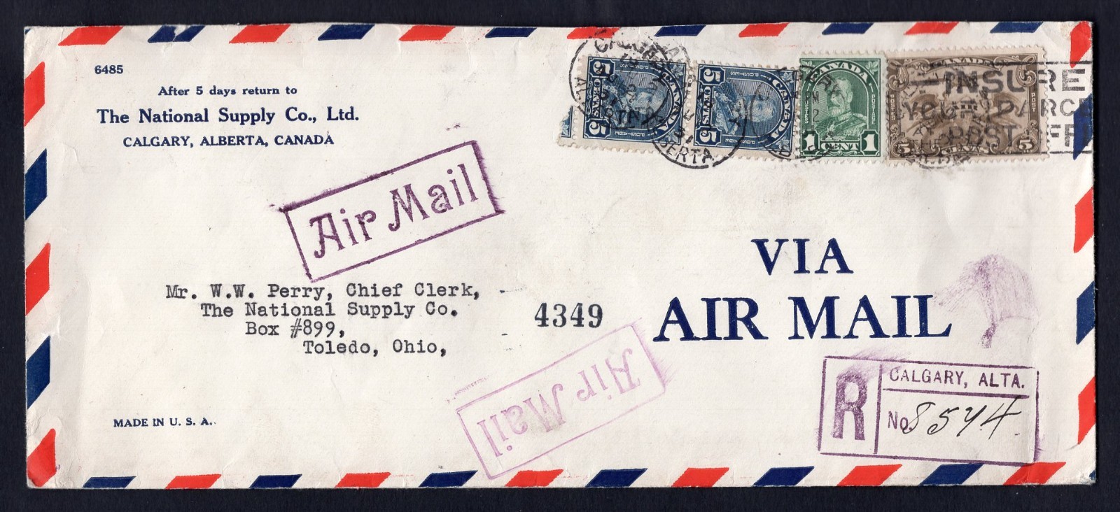 CANADA Calgary 1931 Registered Airmail Cover to USA