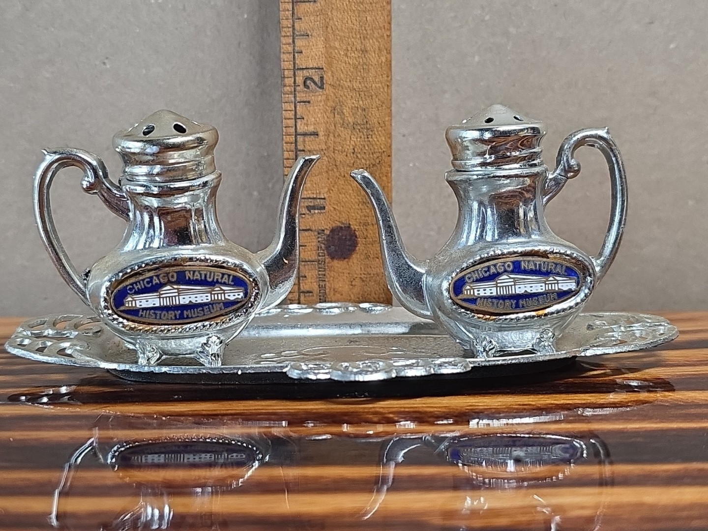 Vintage 1960s-70s Salt & Pepper Shakers Tea Set w/Tray Chicago Natural History