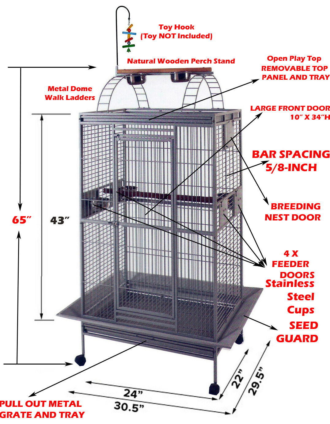 LARGE 75" Bird Parrot Play-Top Cage Cockatiel Macaw Conure African Grey Conures