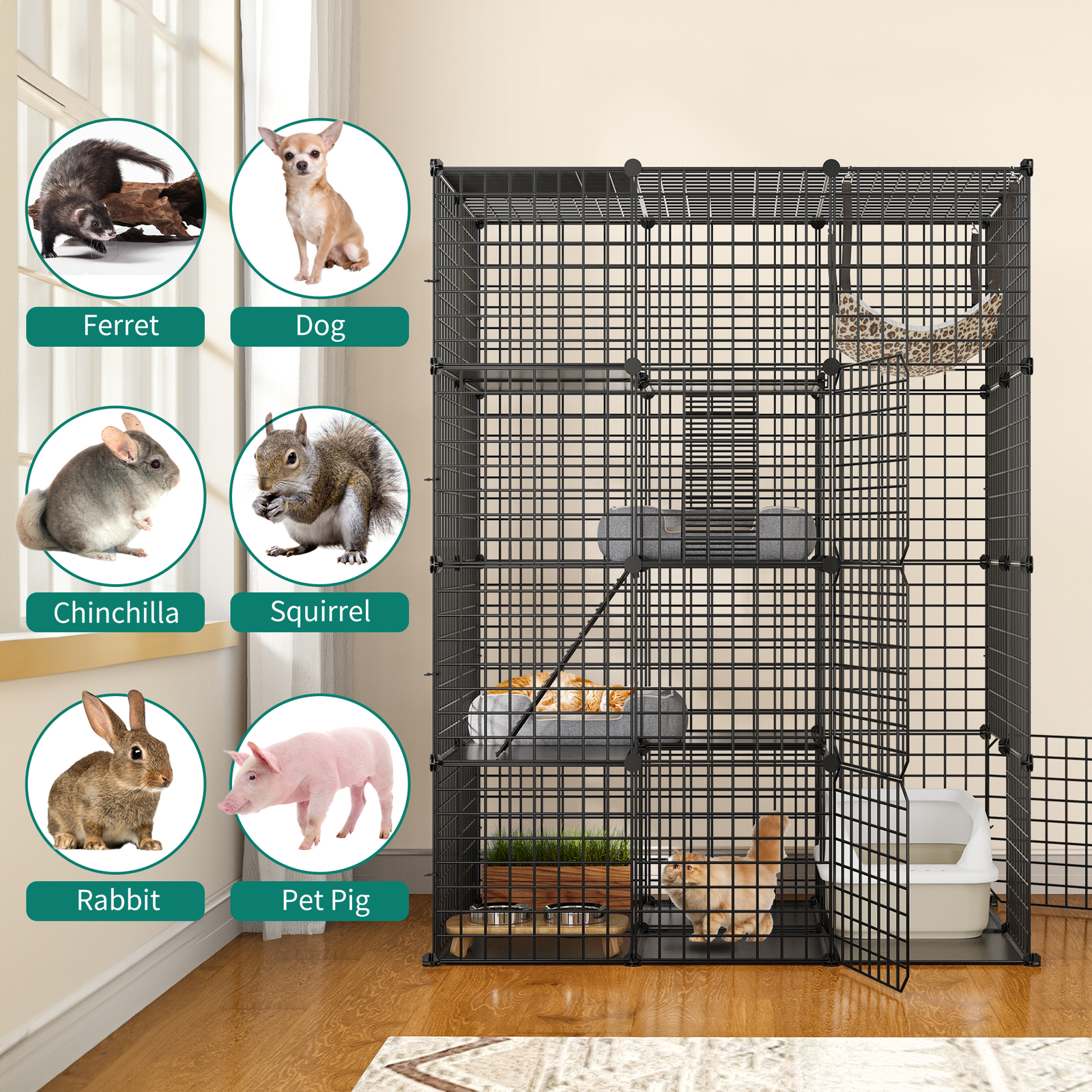 Large Cat Cage Enclosure Metal Wire 4-Tier Kennel DIY Playpen Catio w/ Hammock