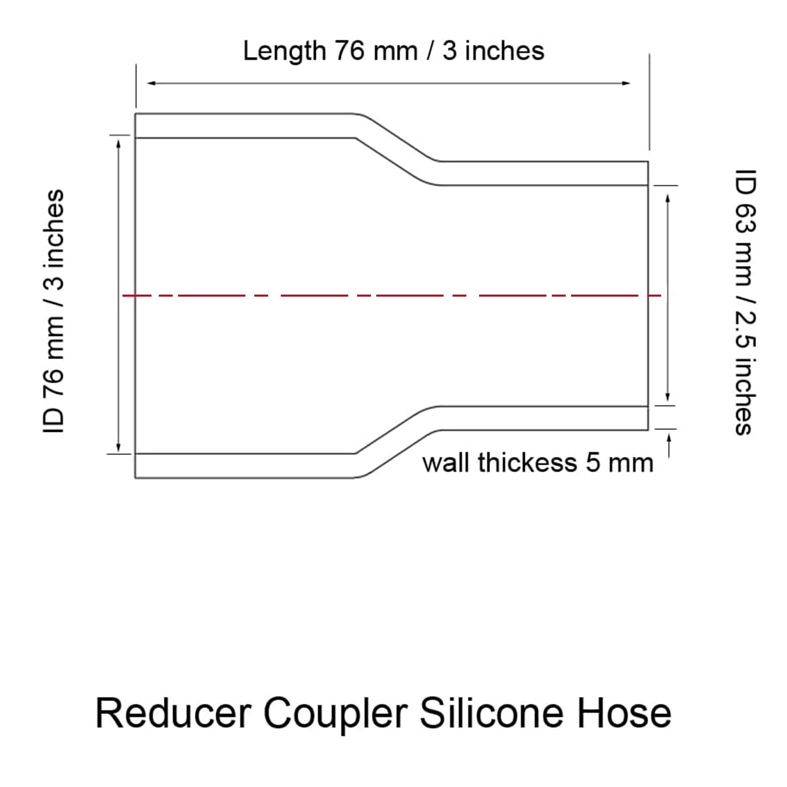 2.5" to 3" Inch Silicone Reducer Coupler Turbo Hose 63mm-76mm + 2x T-Bolt Clamps