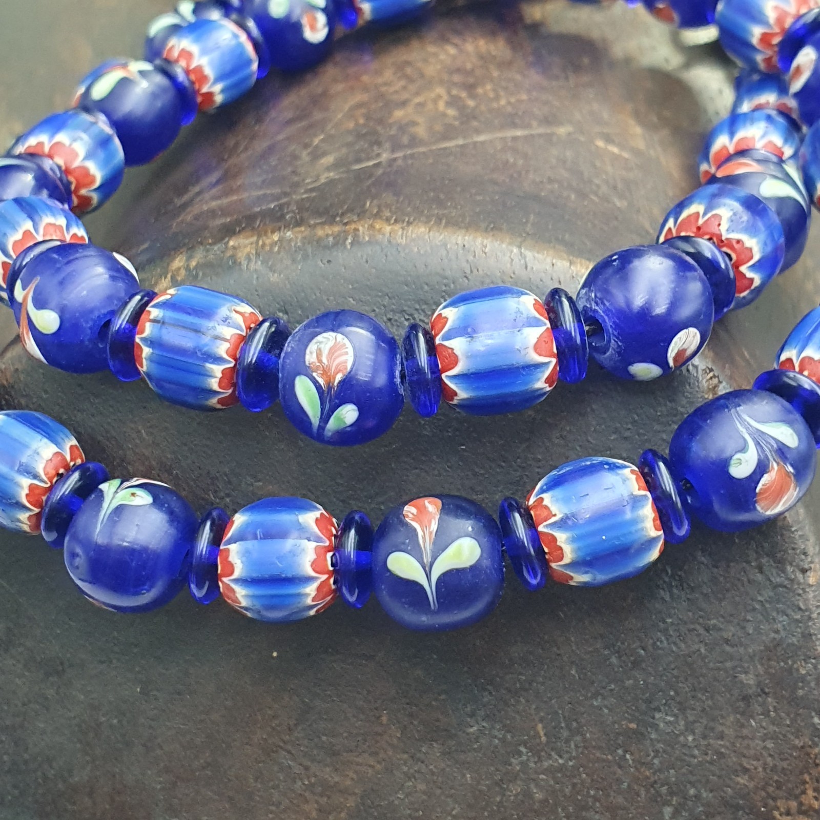 Vintage Venetian Cobalt Blue Floral & Striped Murano Style Beaded Necklace