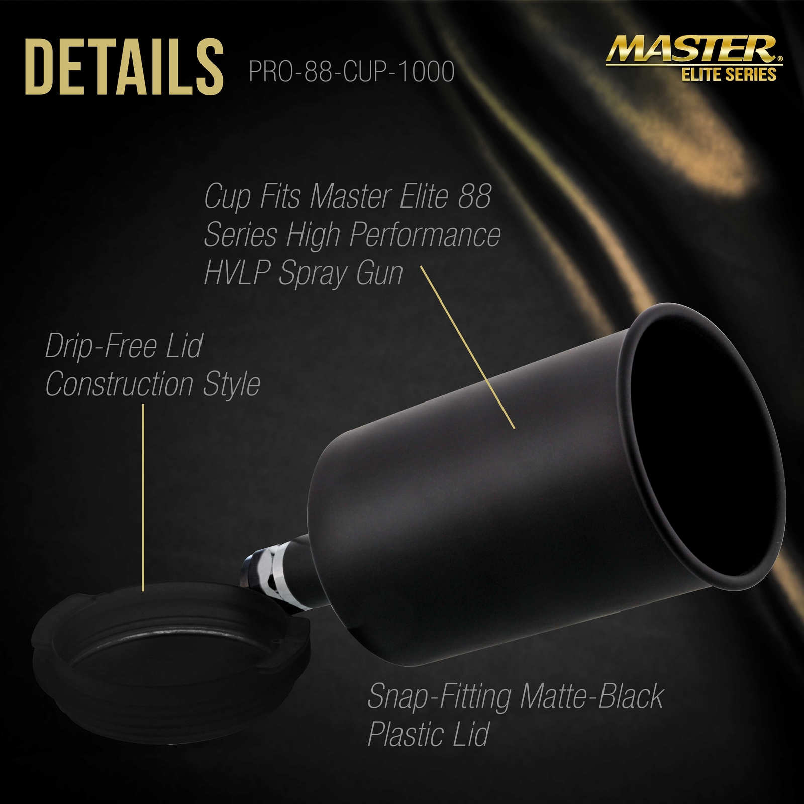 1000ml Black Aluminum Gravity Feed Spray Paint Gun Cup - Elite 44 & 88 Series