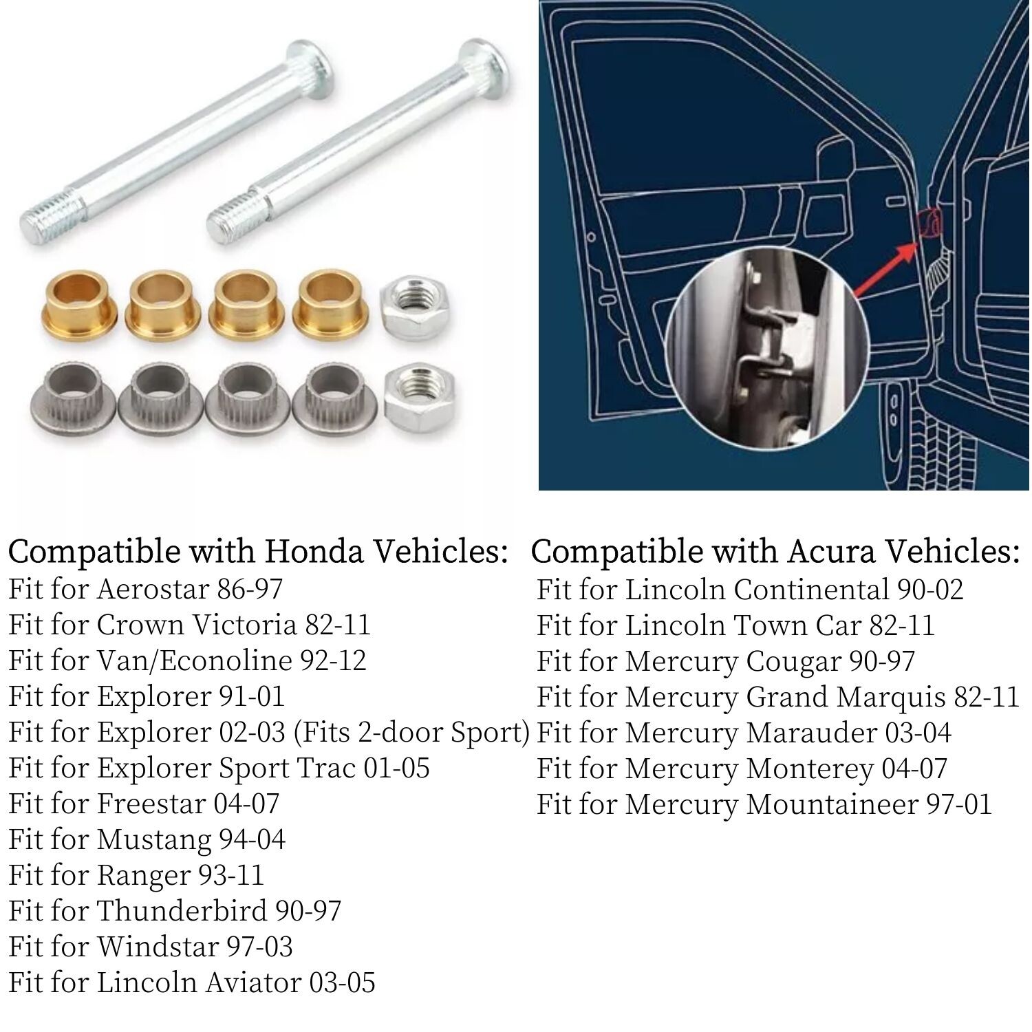 2pcs Door Hinge Pin w/ Bushing Repair Kit for Ford Mustang 94-04 Ranger Lincoln