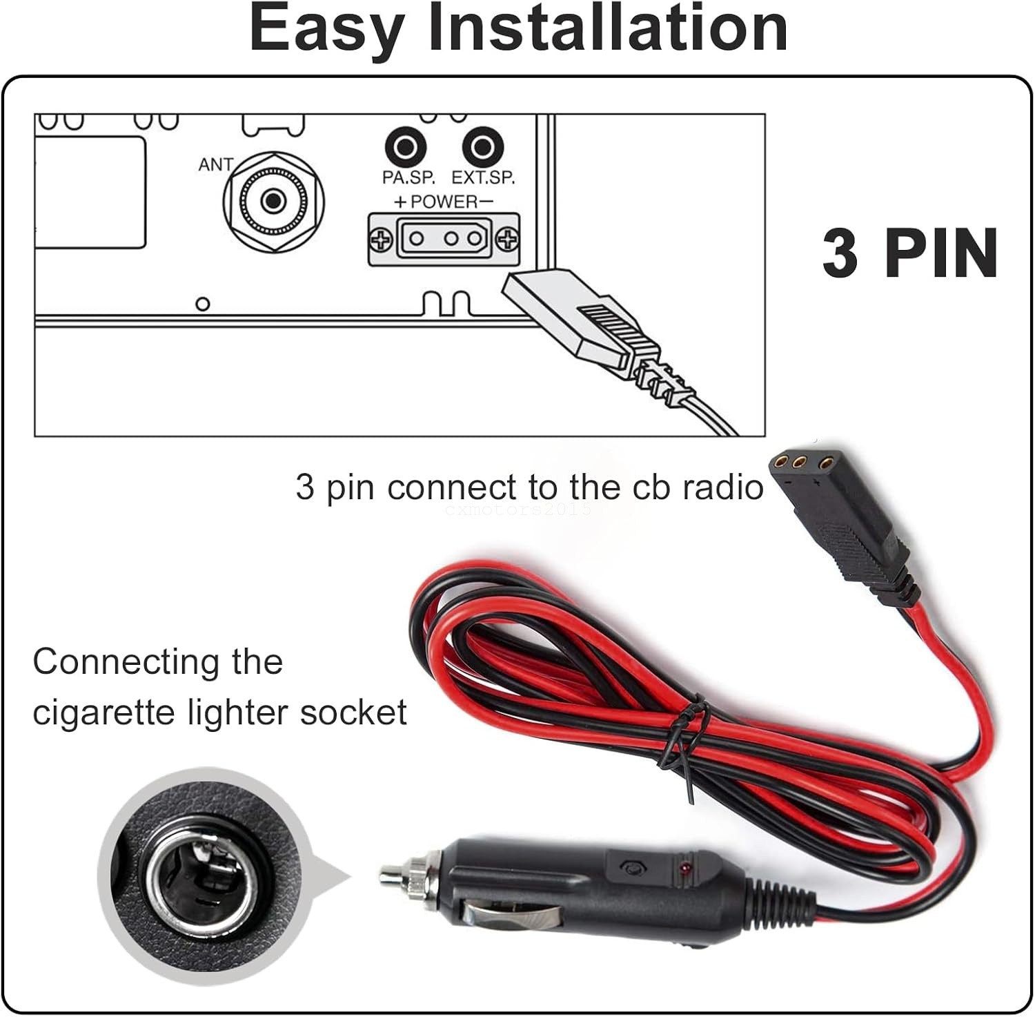 CB Radio Car Charger Cable 3-Pin Plug & 12V Cigarette Lighter for Cobra Galaxy