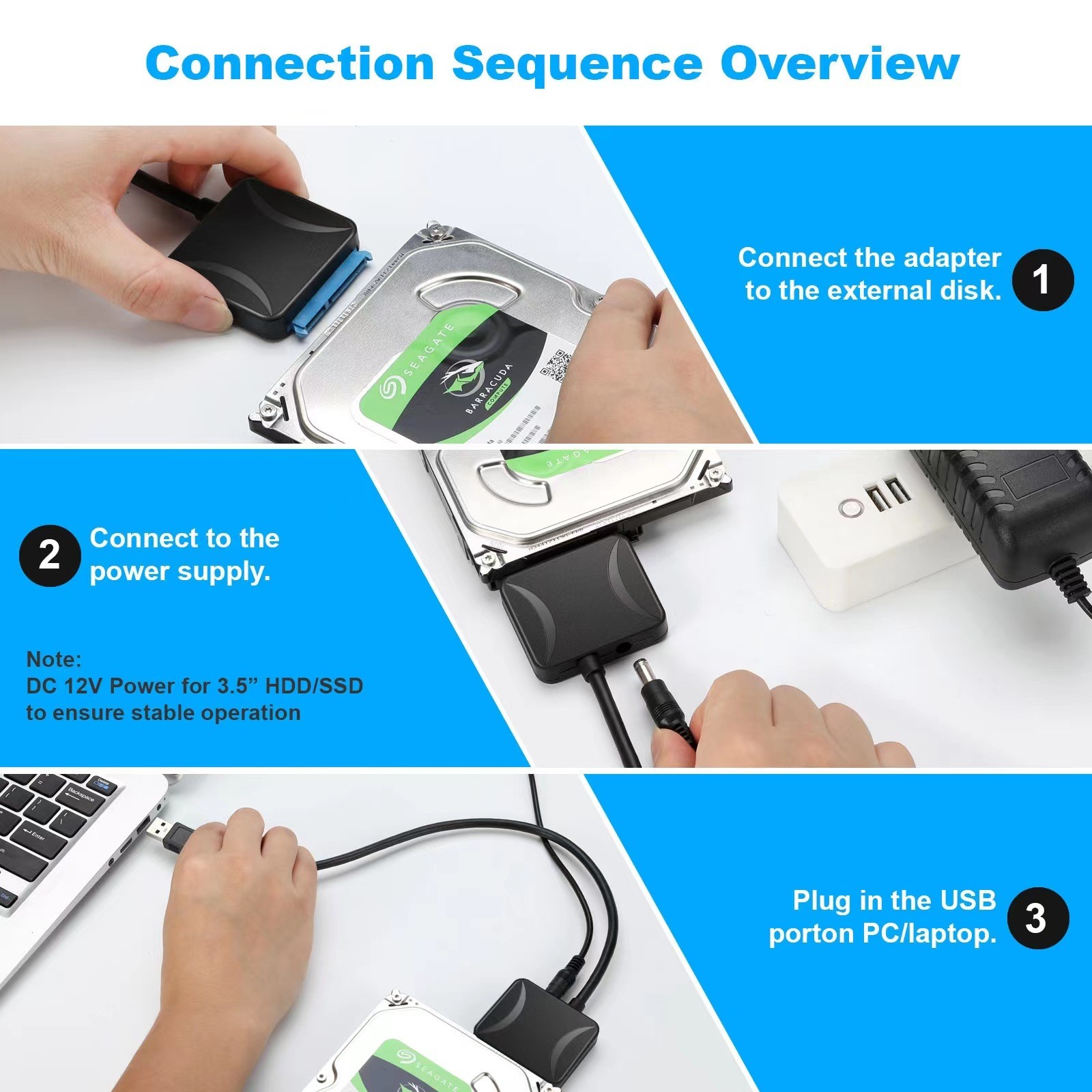 USB 3.0 to SATA External Hard Drive Reader 2.5" 3.5" HDD SSD Power adapter LOT