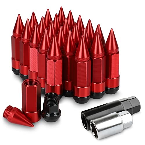 24Pcs Anti Theft Spikes Extended Tuner Wheel/Rims Lug Nut M14X1.5+Socket() Red