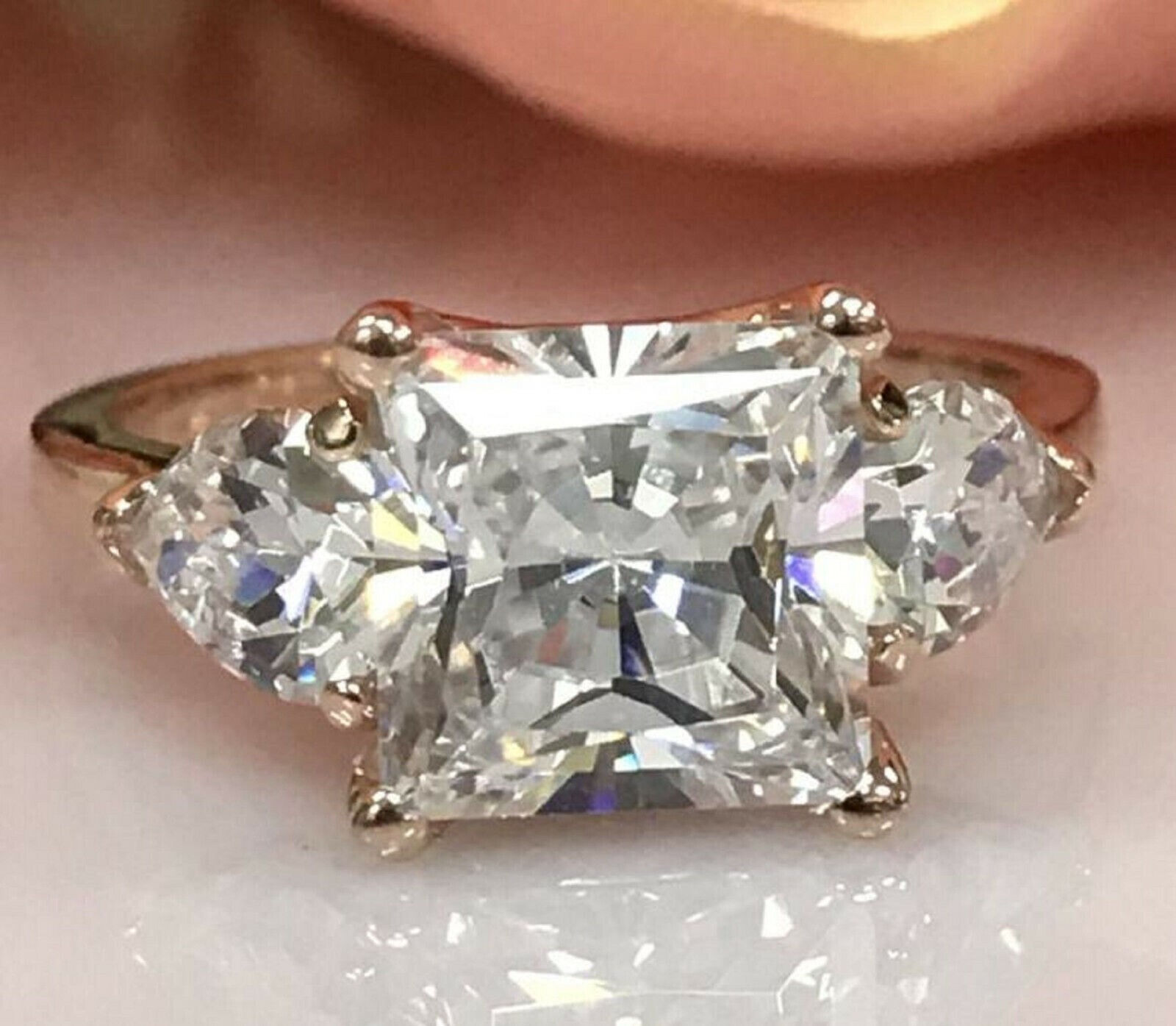 4.00 Ct Princess Cut Moissanite Three Stone Engagement Ring 14K Yellow Gold