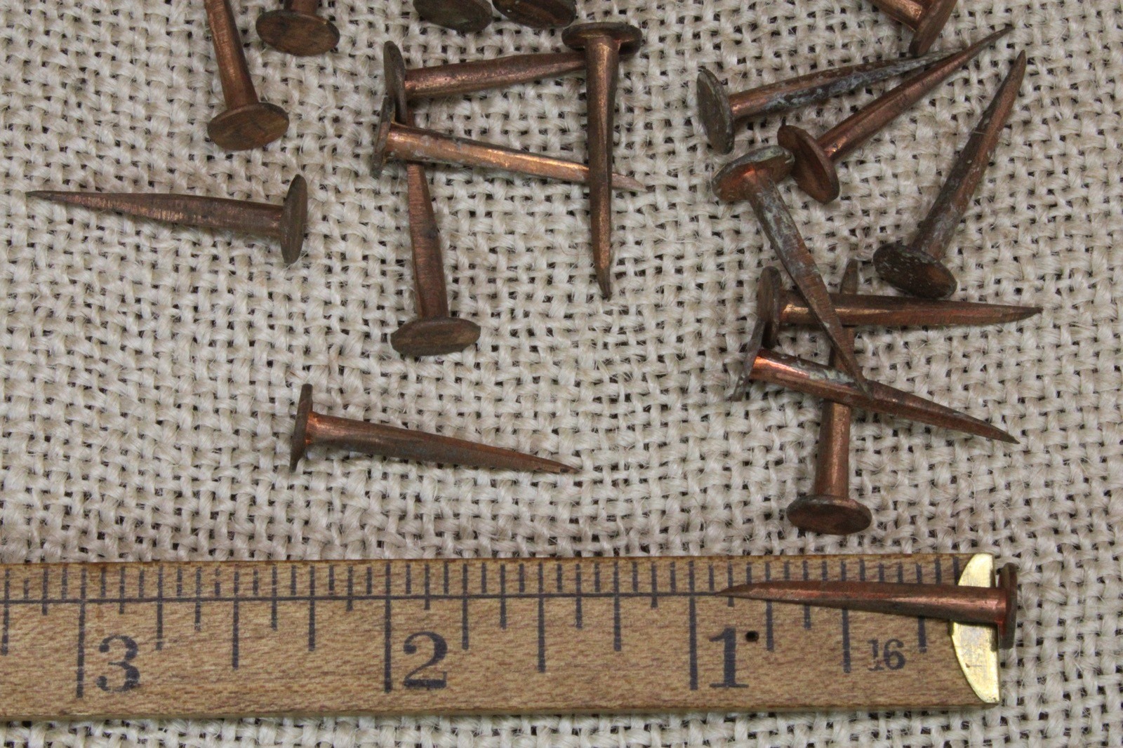 20 old COPPER TACKS 1” nails vintage sharp point 5/16” round flat head solid