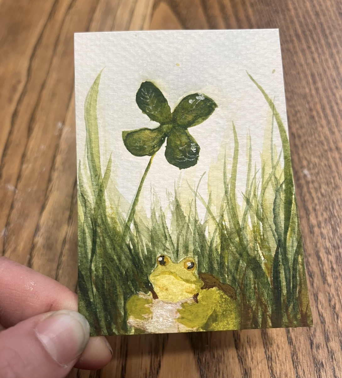 ACEO PRINT froggy’s adventure 1/2 lil frog clover Watercolor Painting 3.5x2.5