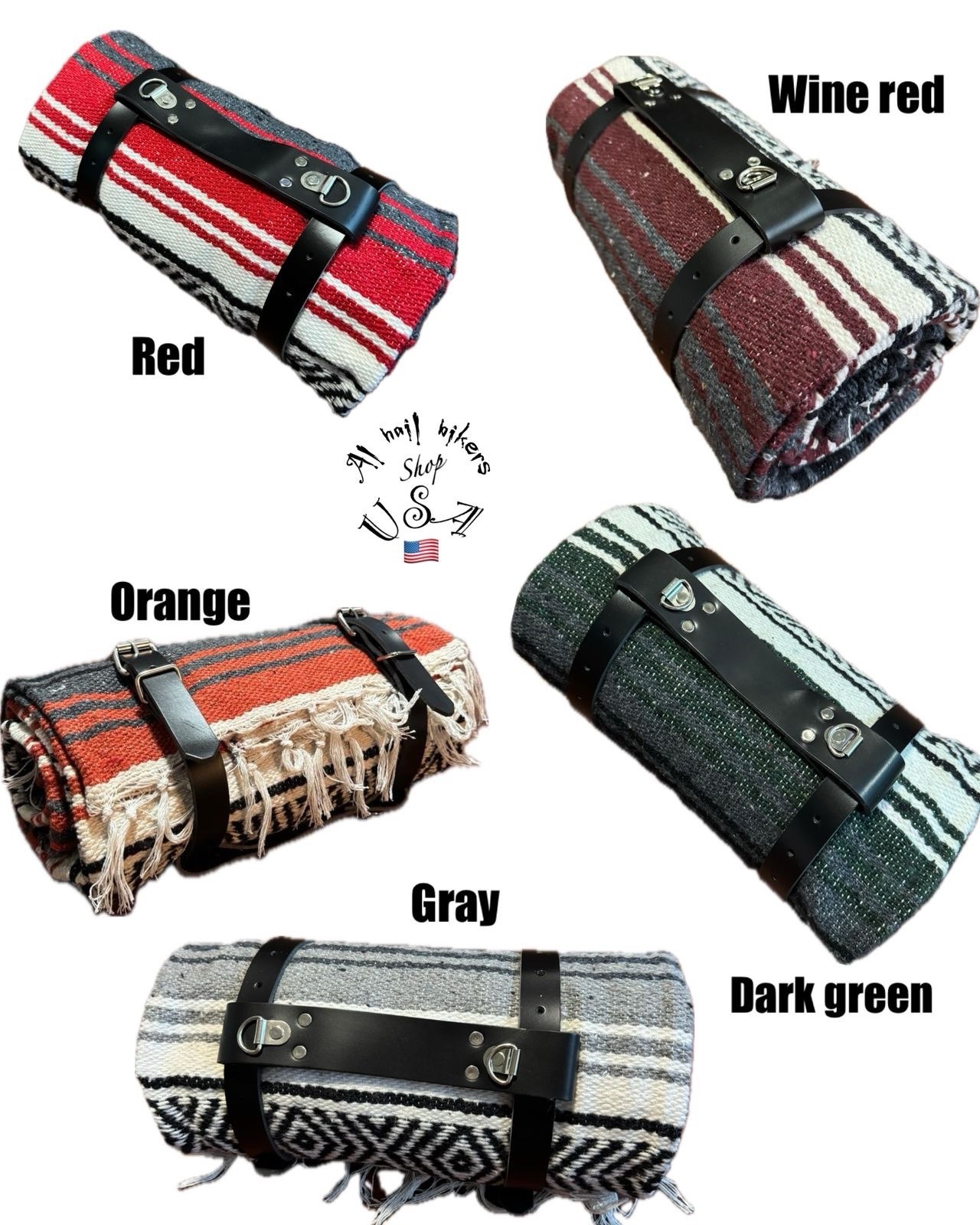 Black Genuine Leather Blanket Roll / Bed Roll Strap With A Blanket (Grey)