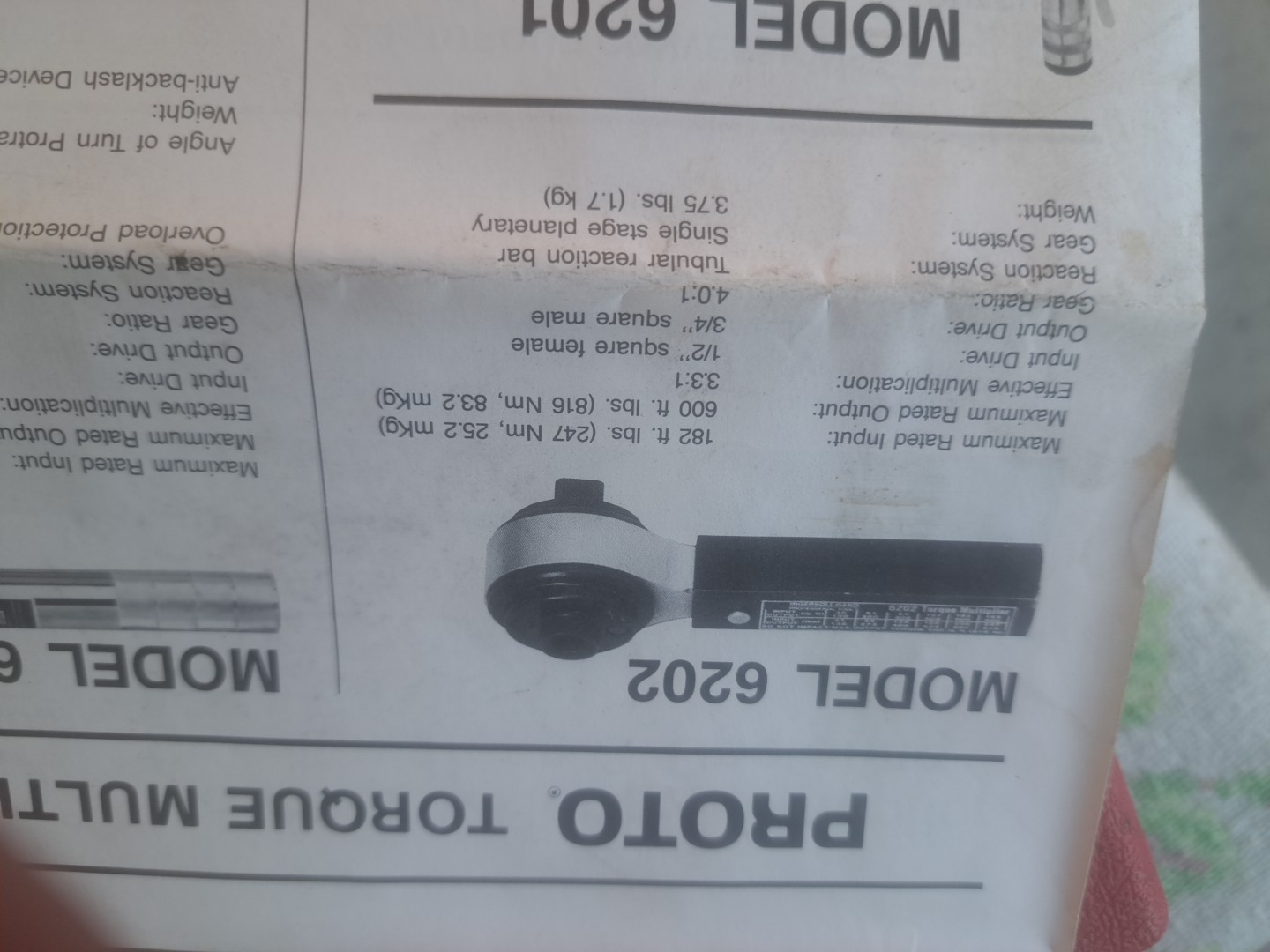 PROTO Ingersoll Rand 6202 Torque Multiplier 3.3:1 Made USA 1/2" f in 3/4" m out