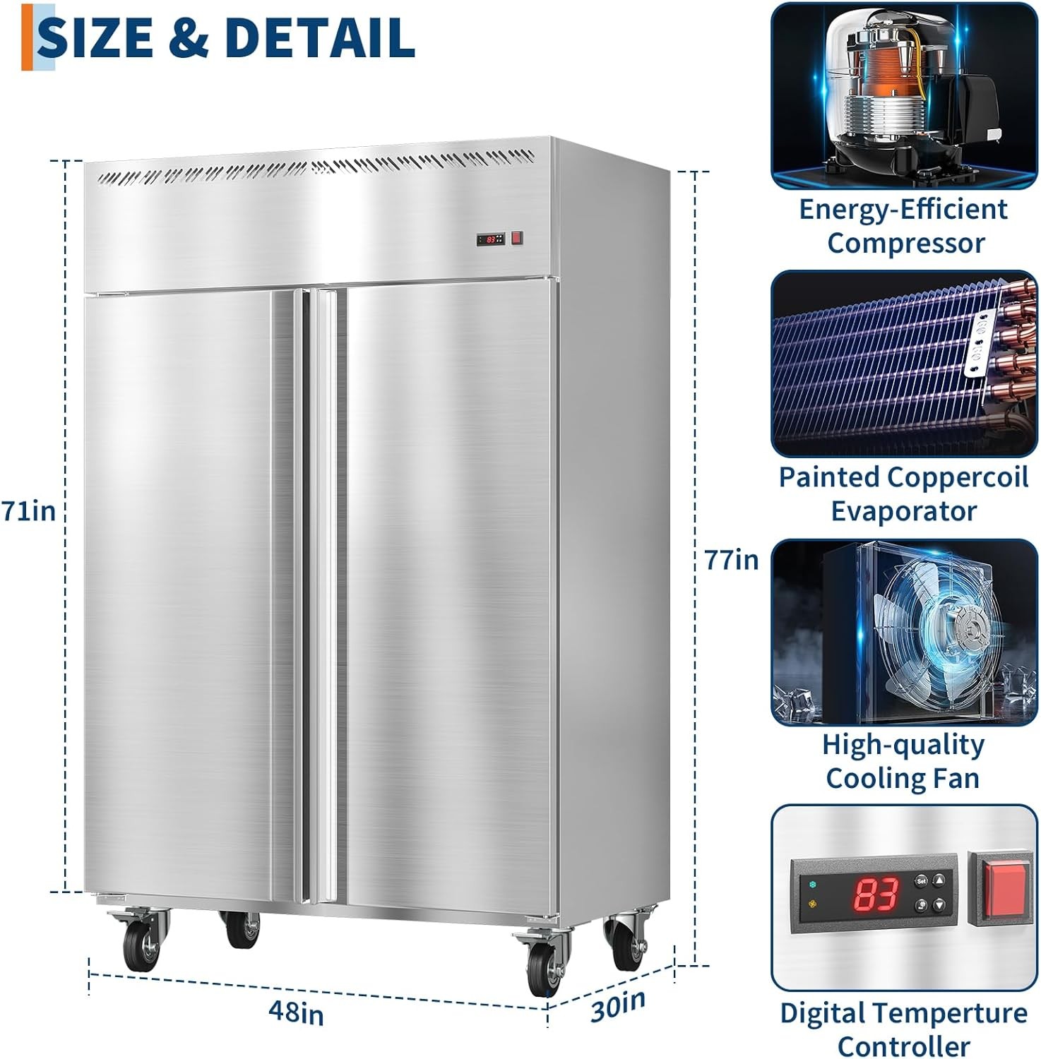 48" Premium Commercial Reach-In Refrigerator Two Door Stainless Steel