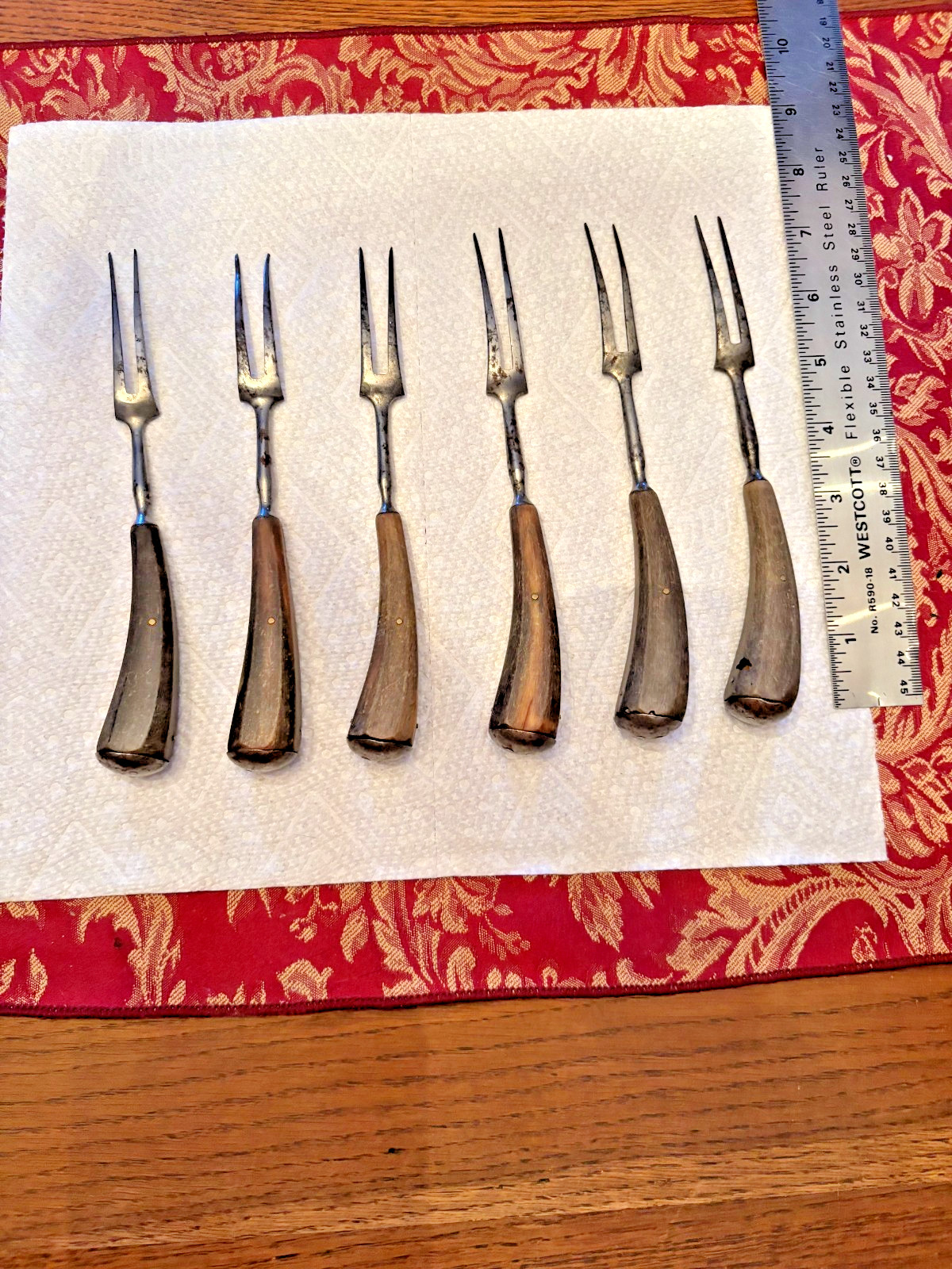 Original, 18th C. 6 piece set of 2 Prong Forks nice Horn Handles