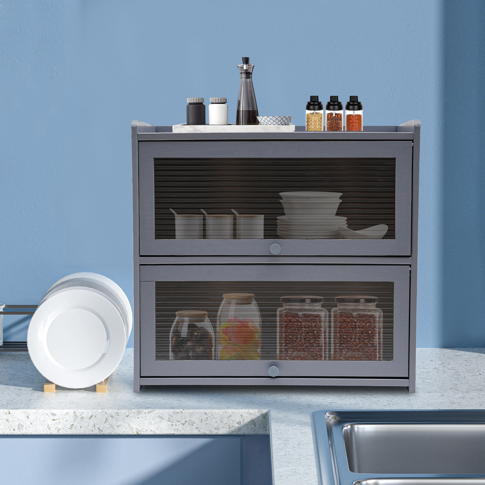 Modern Two-tier Storage Cabinet, Countertop Storage Cabinet, Gray Cabinet New