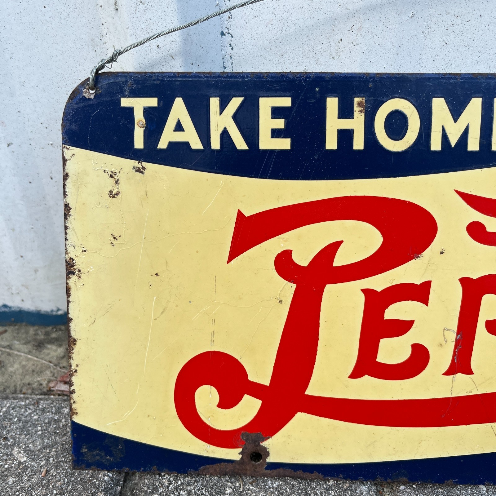 Original 1930's - 1940's Pepsi Cola Double Dot Metal Sign Double Sided