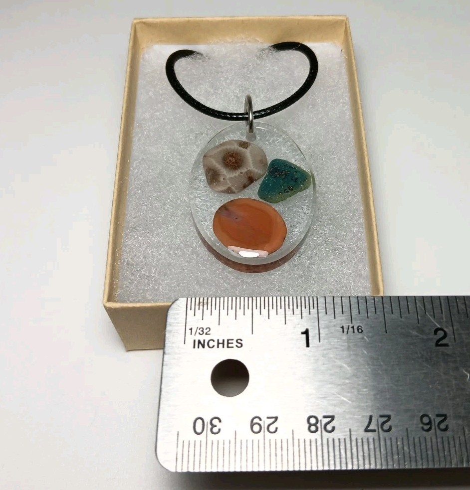 Michigan Petoskey Stone, Agate & Leland Blue Resin Pendant Necklace 22"
