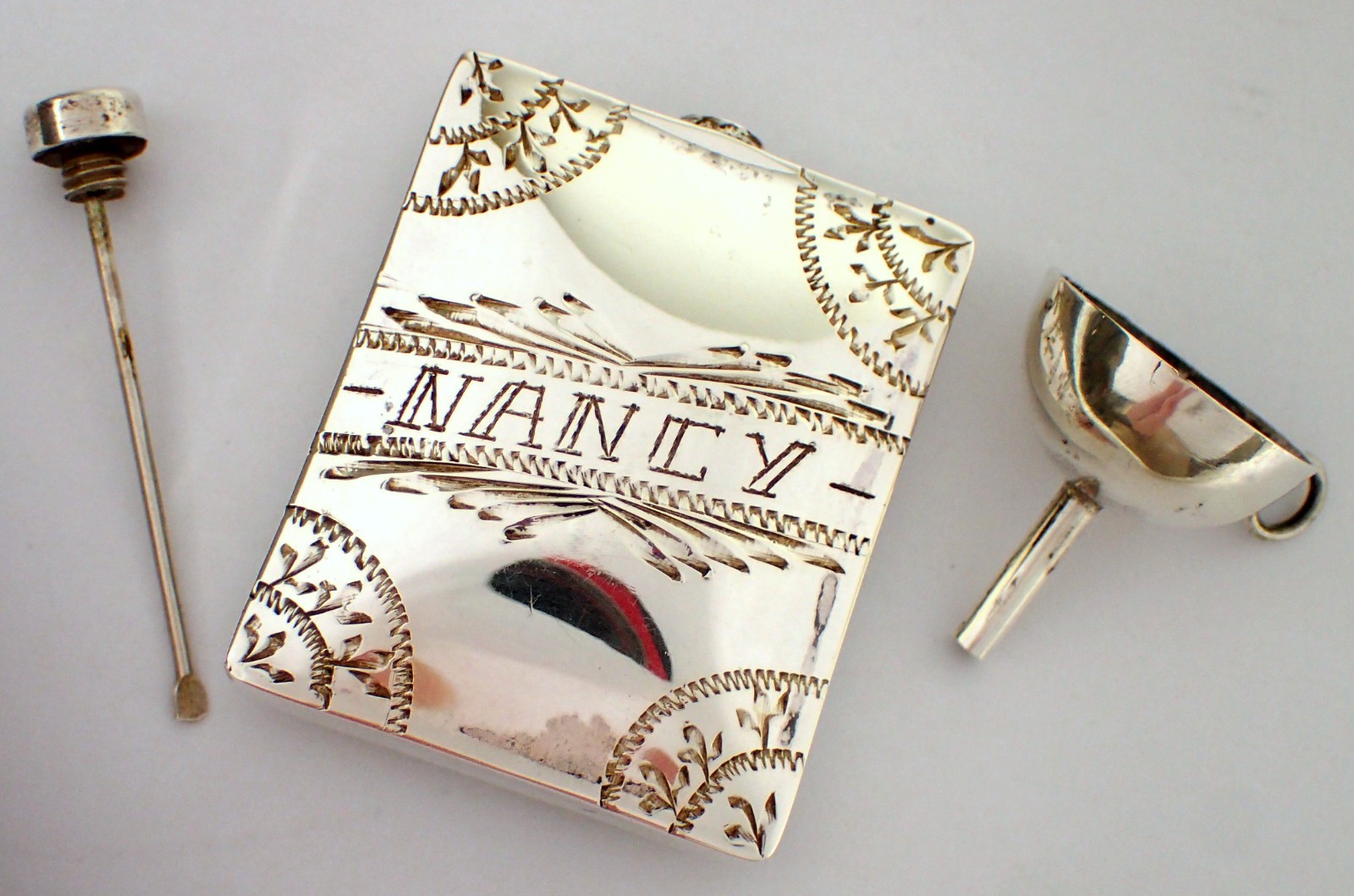 Vtg Mexican Sterling Monterrey Etched NANCY Perfume Scent Bottle Flask w Funnel