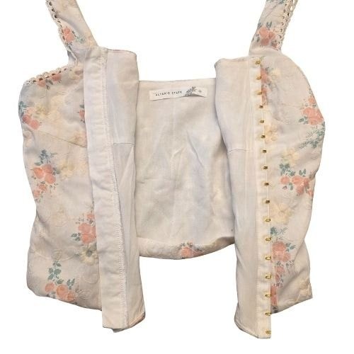 Altar'd State Corset Crop Top Floral Print White Pink Girlhood Core Lace Trim XS