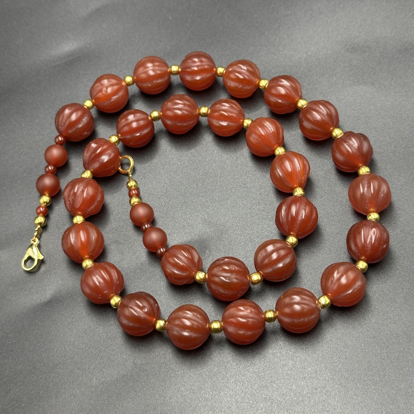 Vintage Himalayan Tibetan Carnelian Carved Agate Melon Shape Beads Necklace