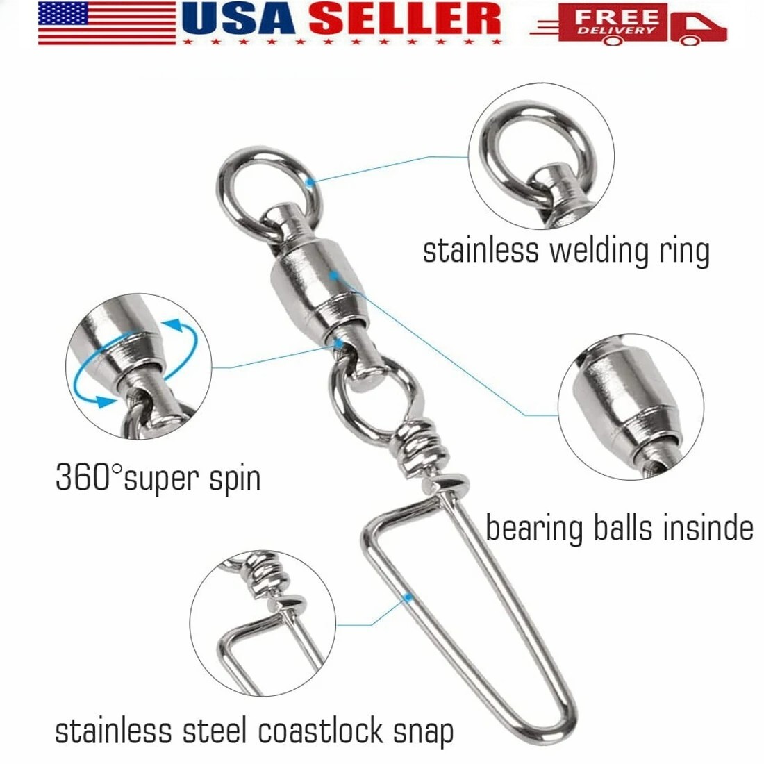 50/100PCS Fishing Ball Bearing Swivels with Coastlock Snap Fishing Connector
