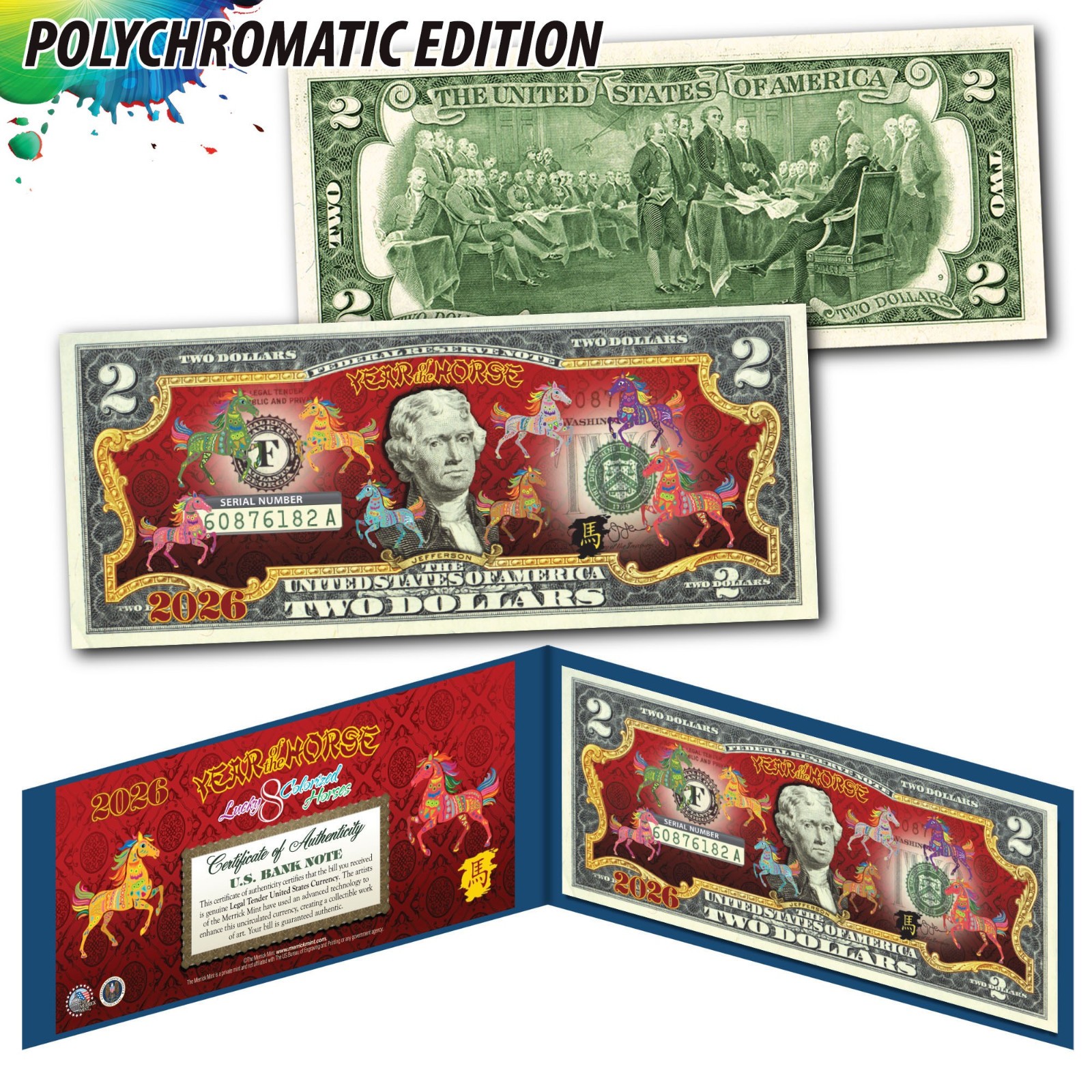 2026 Lunar Chinese New YEAR OF HORSE Polychrome 8 COLOR HORSES $2 U.S. Bill BLUE