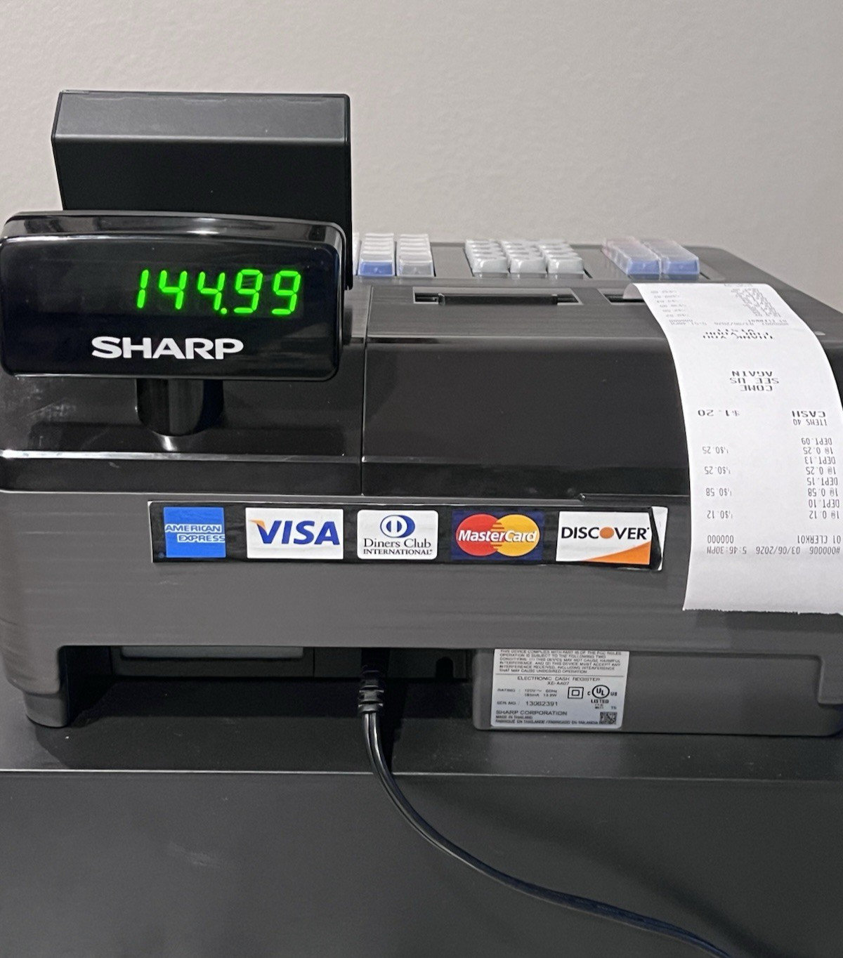 Sharp XE-A407 Cash Register Dual Thermal Printer with Keys, Cash Drawer & Manual