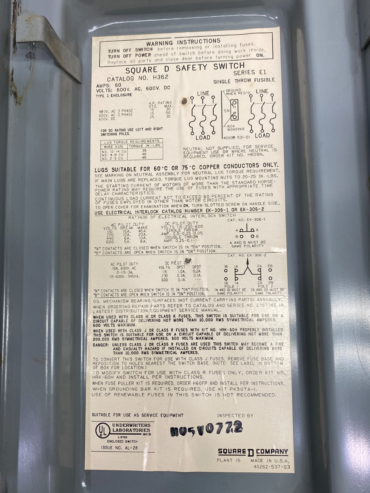 Square D H362 Heavy Duty Safety Disconnect Switch 3-Pole 60A 600VAC