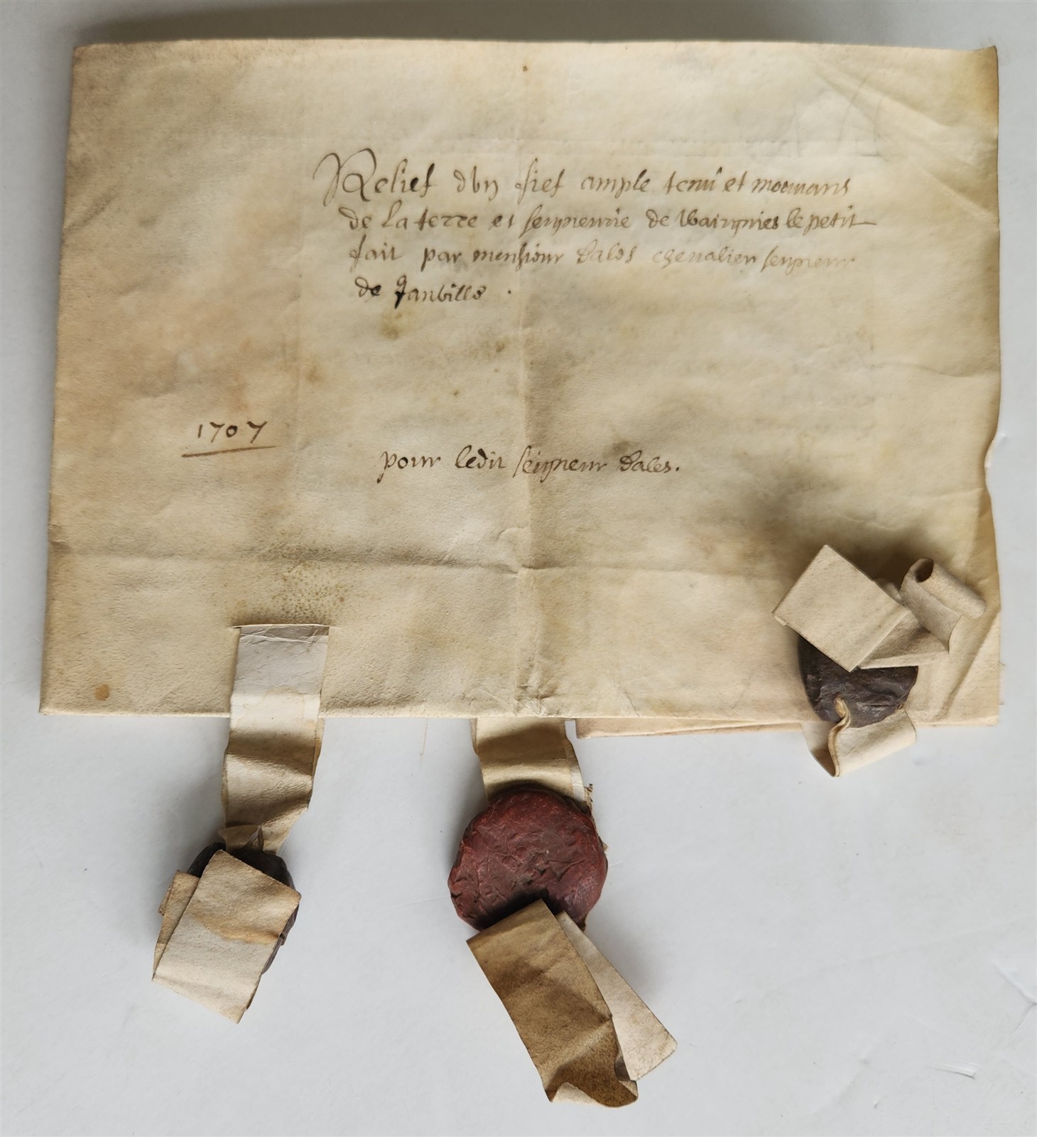 1707 MANUSCRIPT on VELLUM ANTIQUE LEGAL DOCUMENT w/ WAX SEALS in French