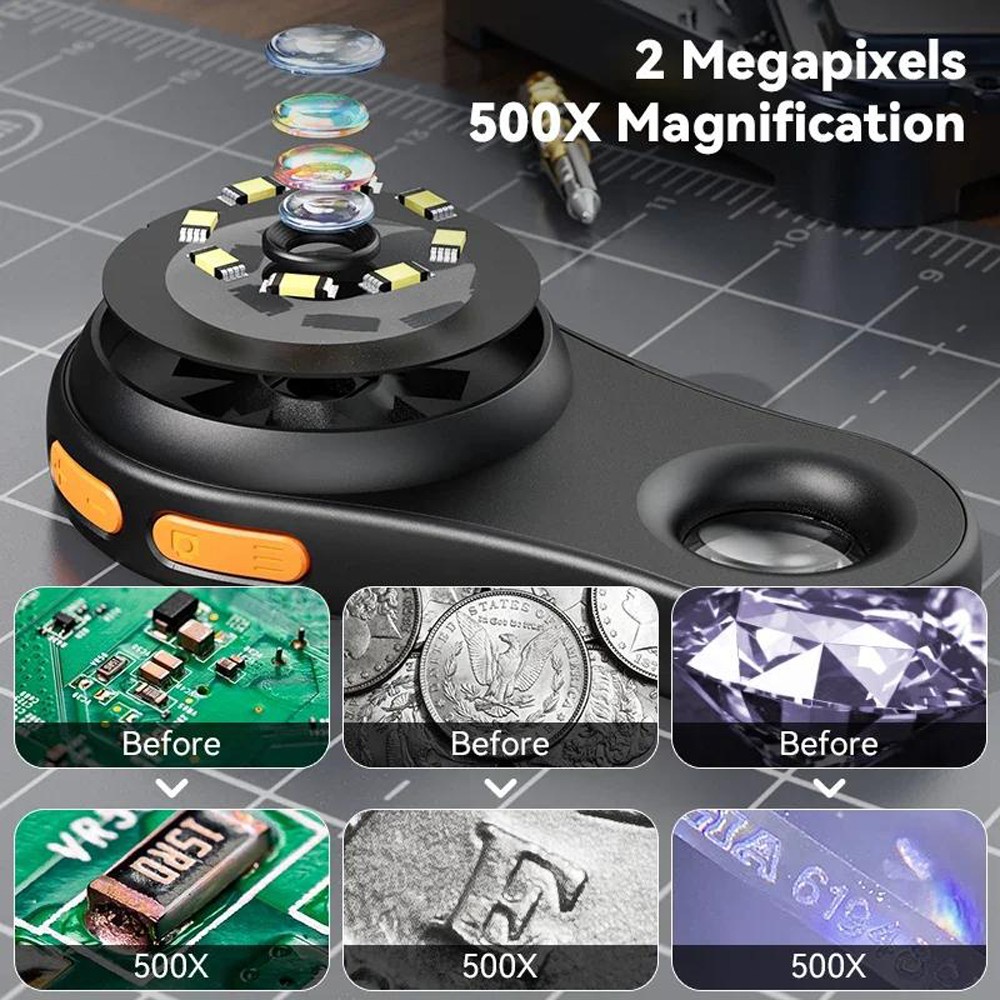 500X Digital Microscope 1080P 2.0Inch Video Coin With Magnifying Glass 8 LEDs US