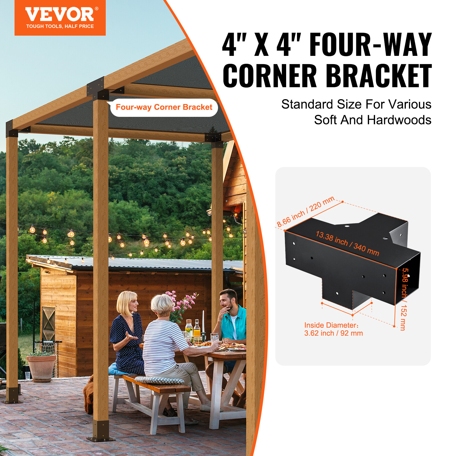VEVOR 4''x4'' Pergola Bracket Kit 4-Way Woodworks DIY Post for Gazebos 2 pcs