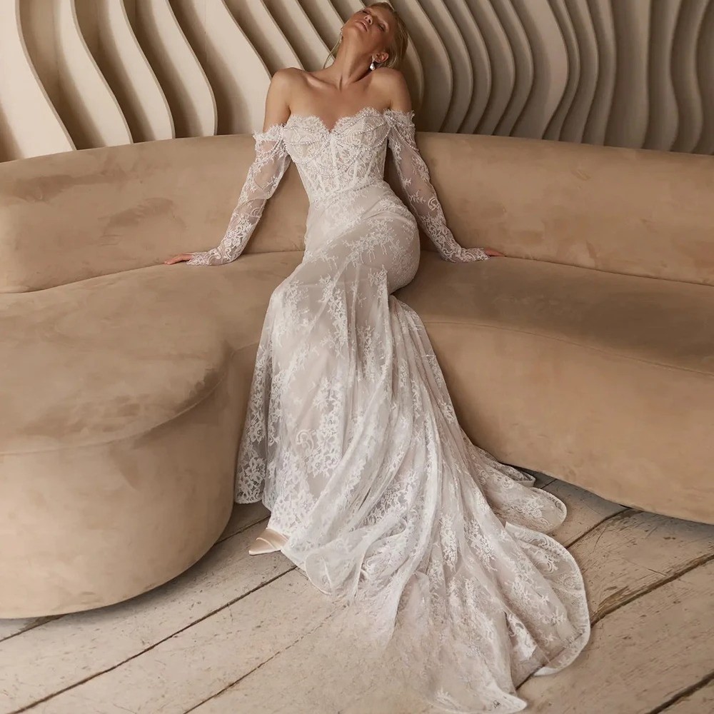 Pearls 2026 Sweetheart Long Sleeves Bridal Gown Customized Lace  Brides Dresses