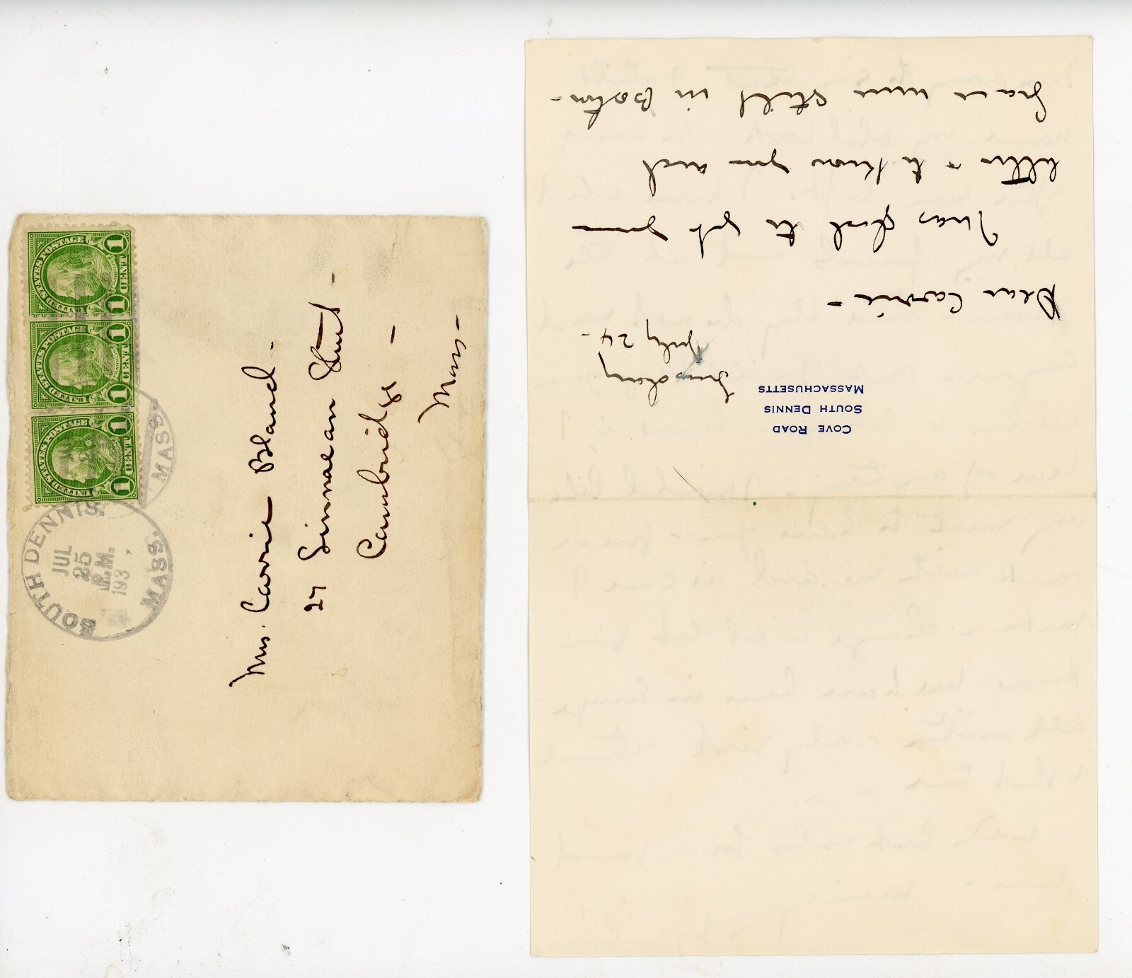 1933 Handwritten Letter from South Dennis MA to Cambridge | Stamped Cover