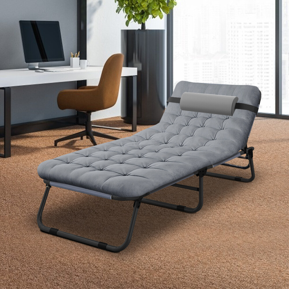 Slsy Folding Camping Cot 4-Position Outdoor Chaise Lounge Gray Pad Side Pockage