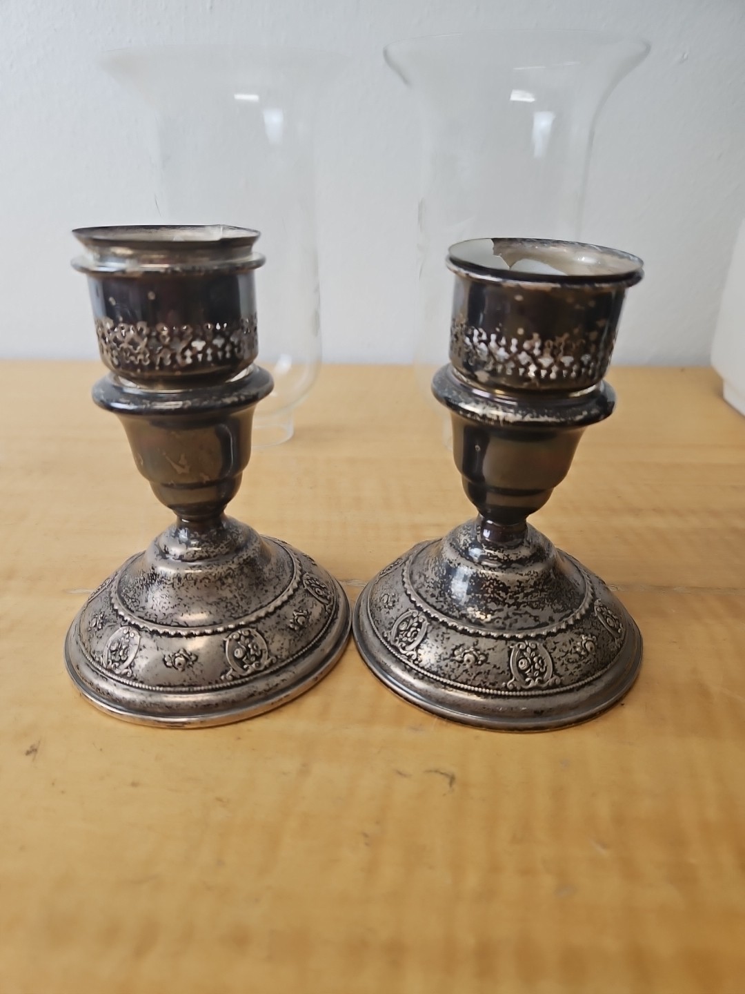 Pair Of Wallace 4640 Sterling & Glass Hurricane Candle Holders, Silver