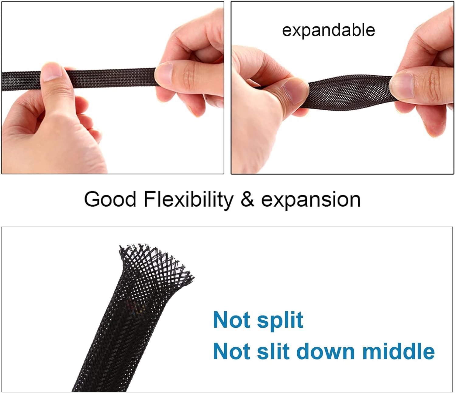 25ft - 1.5 inch PET Expandable Braided Sleeving – Black – Braided Cable Sleeve