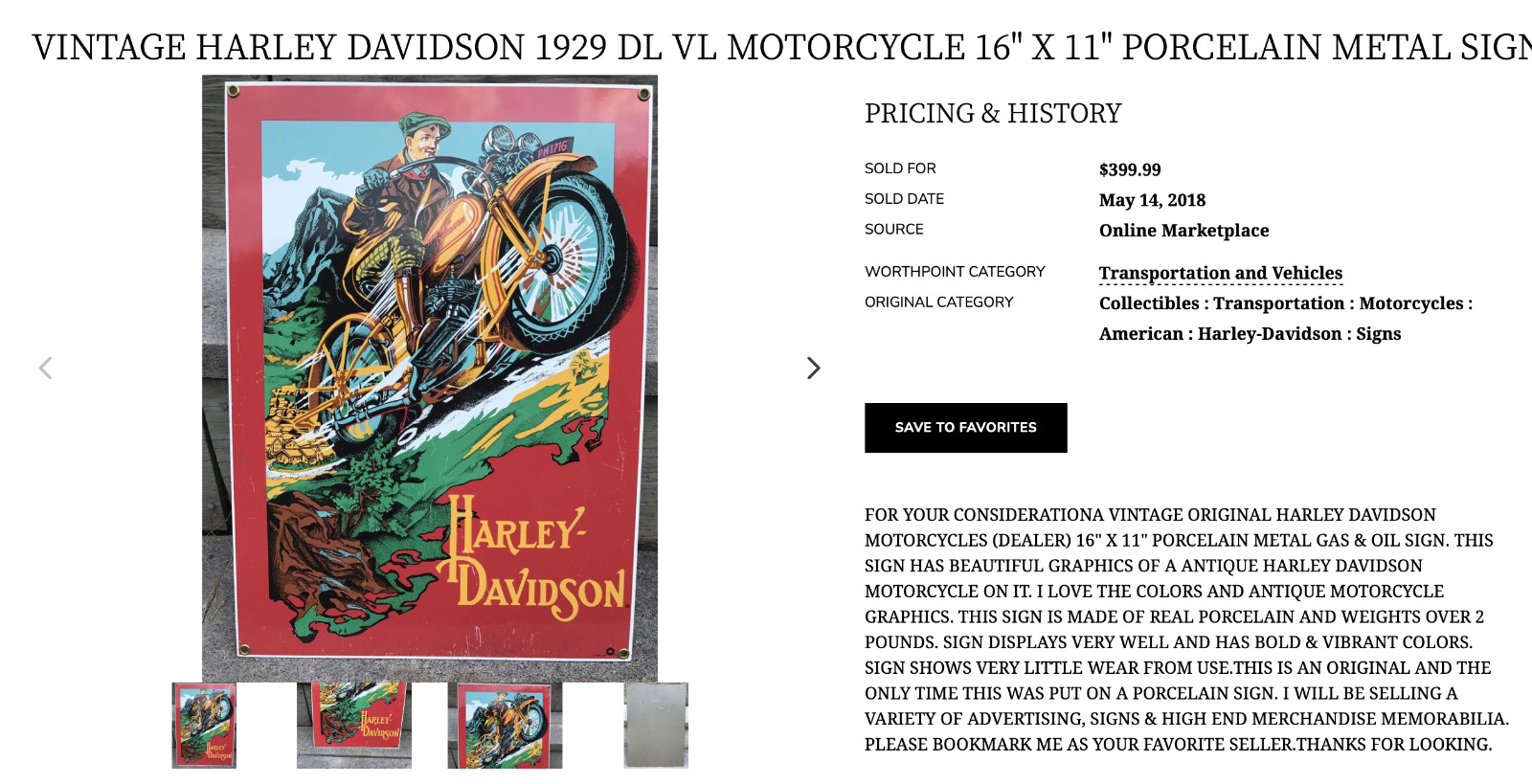 VINTAGE HARLEY DAVIDSON 1929 DL VL MOTORCYCLE 16" X 11" PORCELAIN METAL SIGN