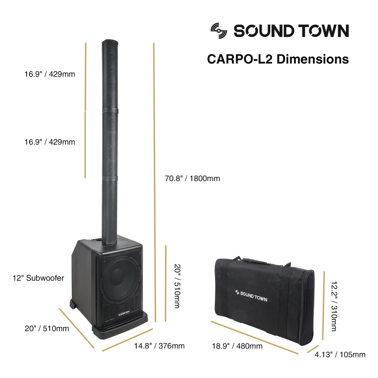 Sound Town Portable Column PA System with 12" Powered Sub, Bluetooth CARPO-L2
