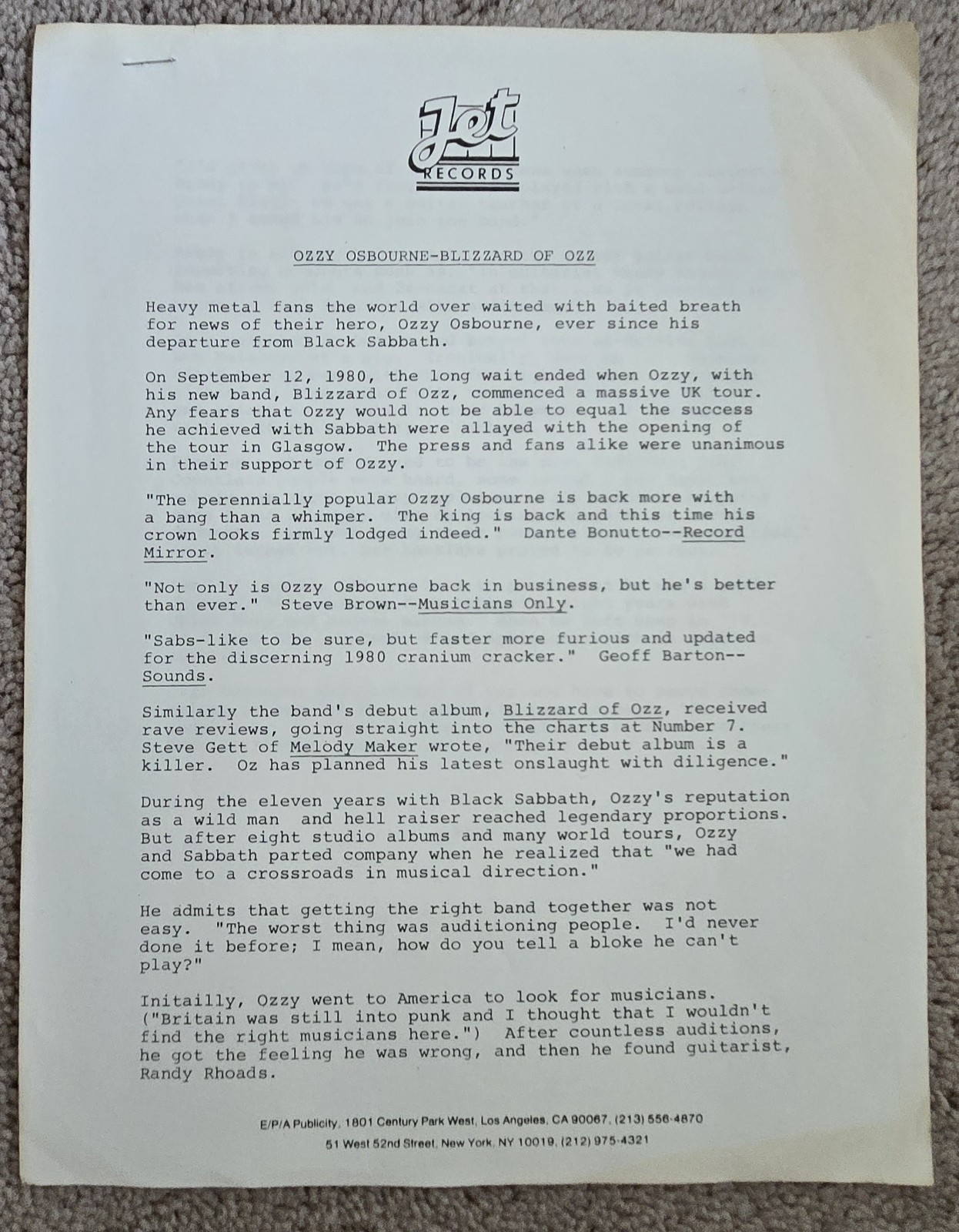 OZZY OSBOURNE-Promotional Pics/Blizzard Of Ozz-Original 4-8 x 10s-1980s