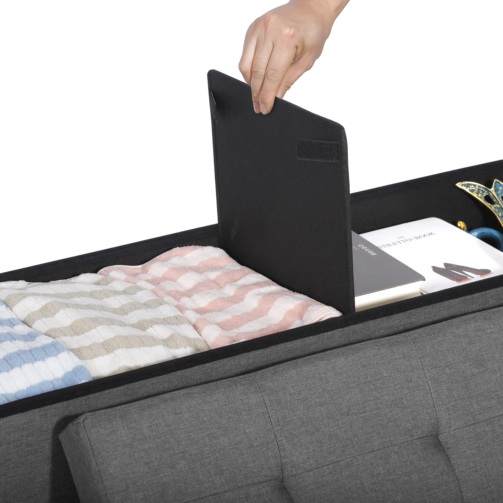 43" Folding Fabric Ottoman Storage Bench Toy Chest Box Footrest Stool Light Grey