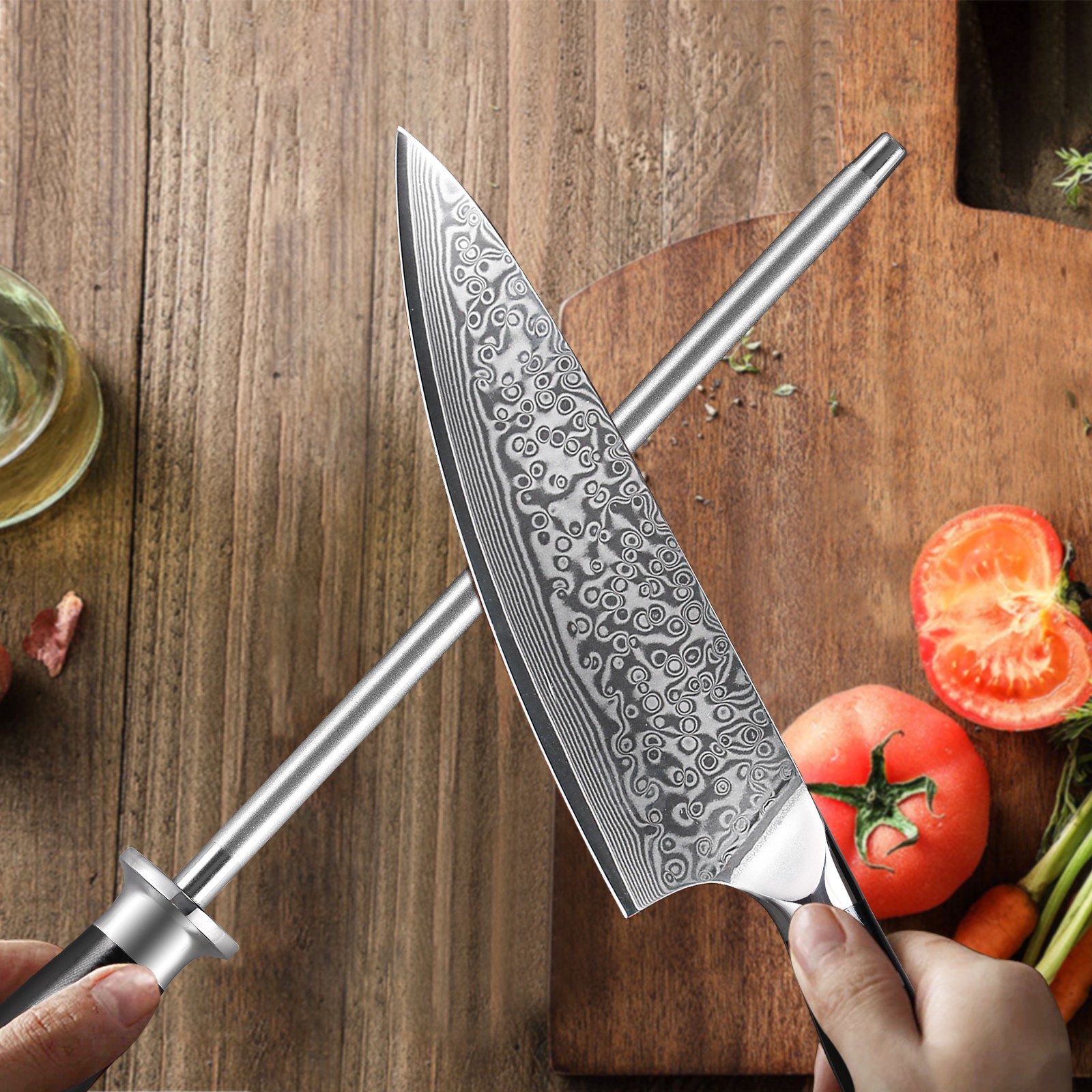 9'' Diamond Sharpener Rod Kitchen Knife Sharpening Stick Fr Damascus Steel Knife