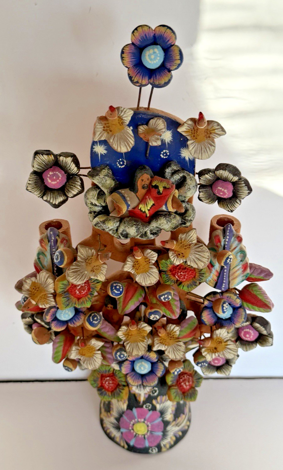 Mexican Clay TREE of LIFE Handmade Multi Color Folk Art Candelabra 12.5" Tall