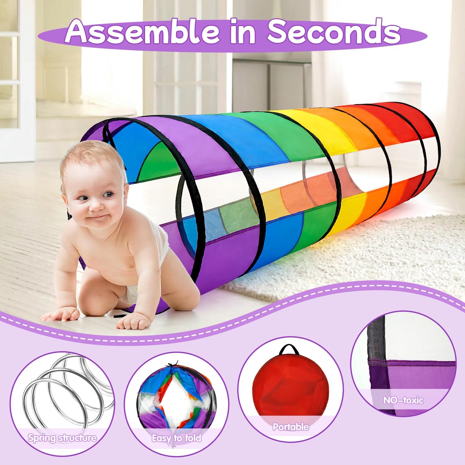Kids Play Tunnel for Toddlers, Large 21" Colorful Rainbow Pop Up Crawl Throug...