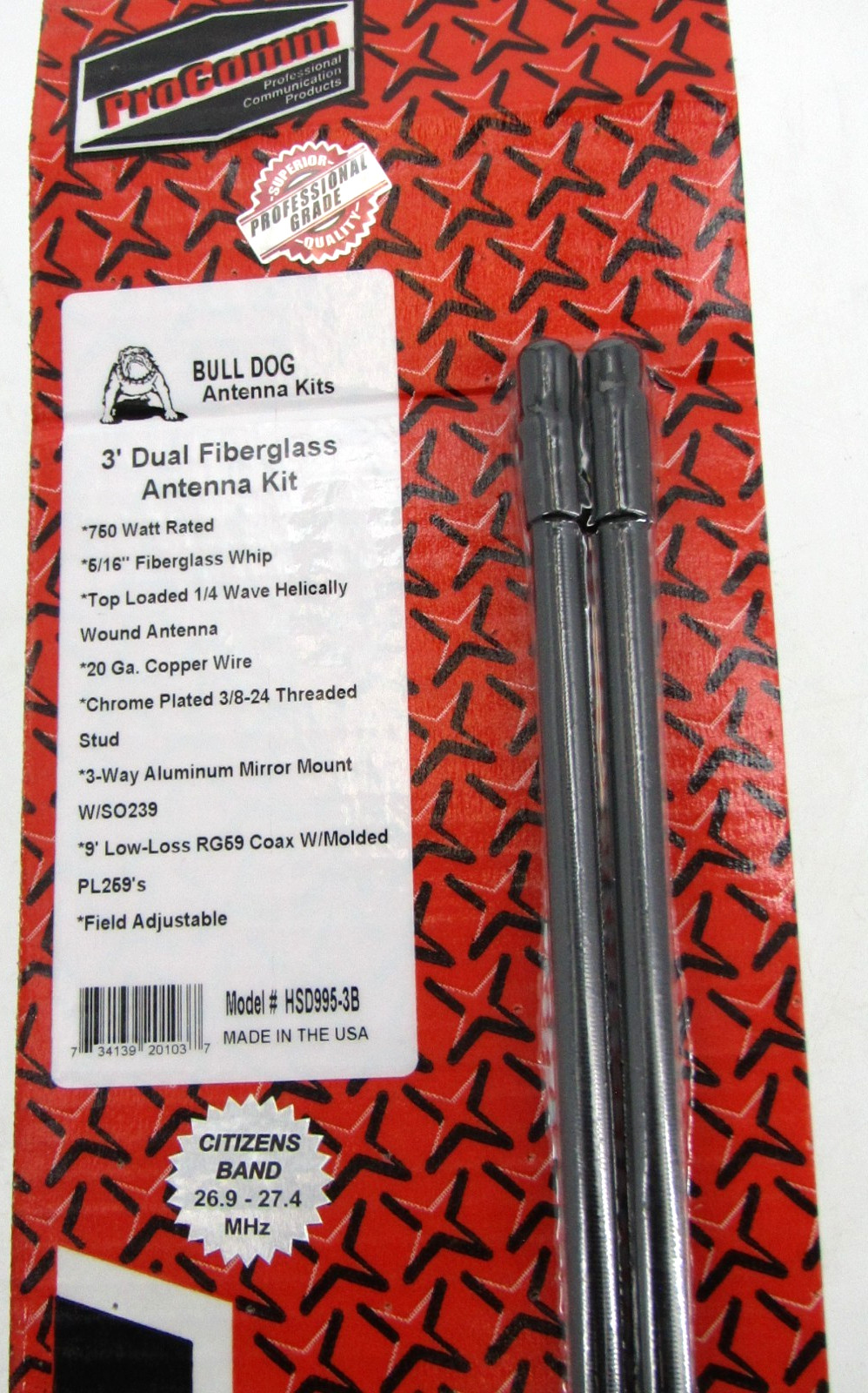 ProComm HSD995-3B Dual 3' CB Antenna 3-Way Mount Cable Kit 750W Fiberglass Black