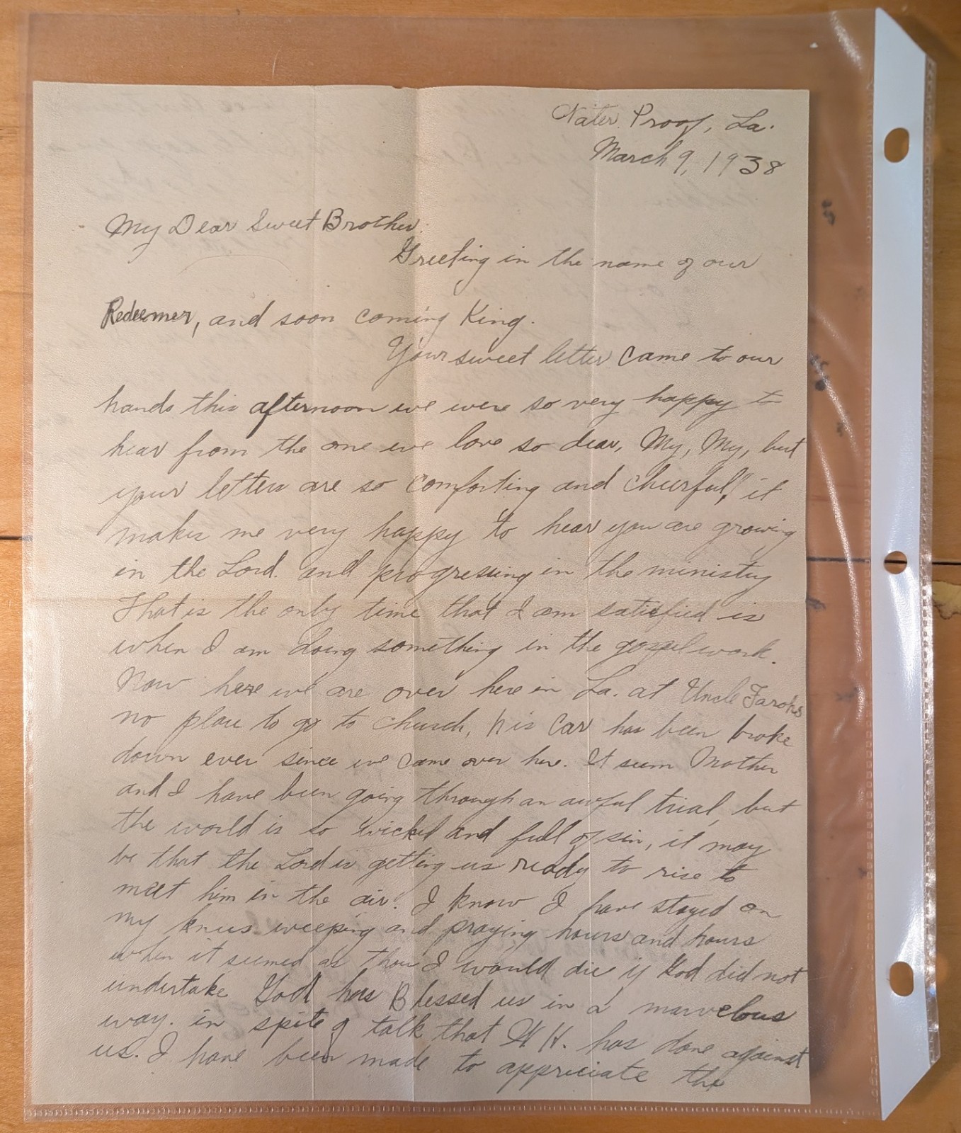 Letter toPastor Lester Sumrall from sister Leona 3/9/1938 Waterproof Louisiana