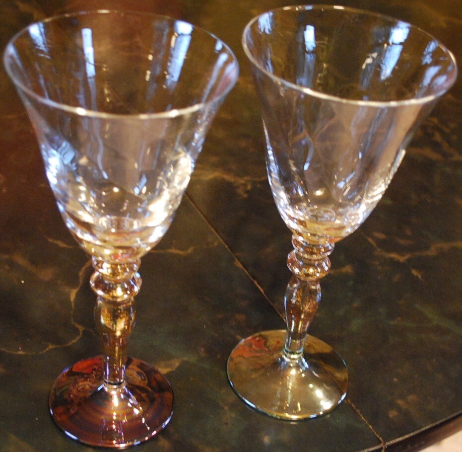 ROGASKA Optic Crystal VENETIAN GOLD LUSTER Set 2 WATER GOBLETS Foil In Stem 8.5"