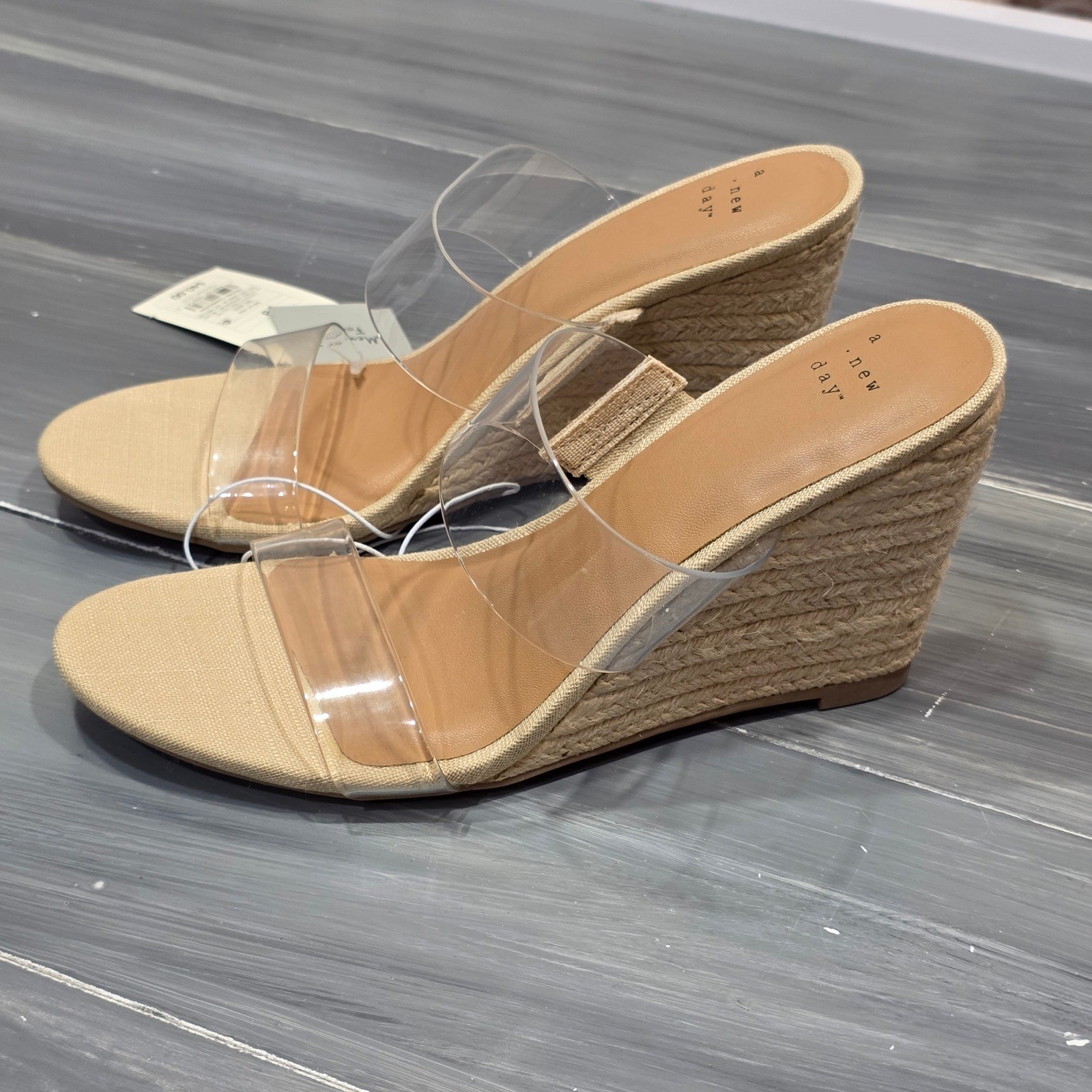 A New Day Ansel Espadrille Wedge Sandals Clear Double Strap Tan