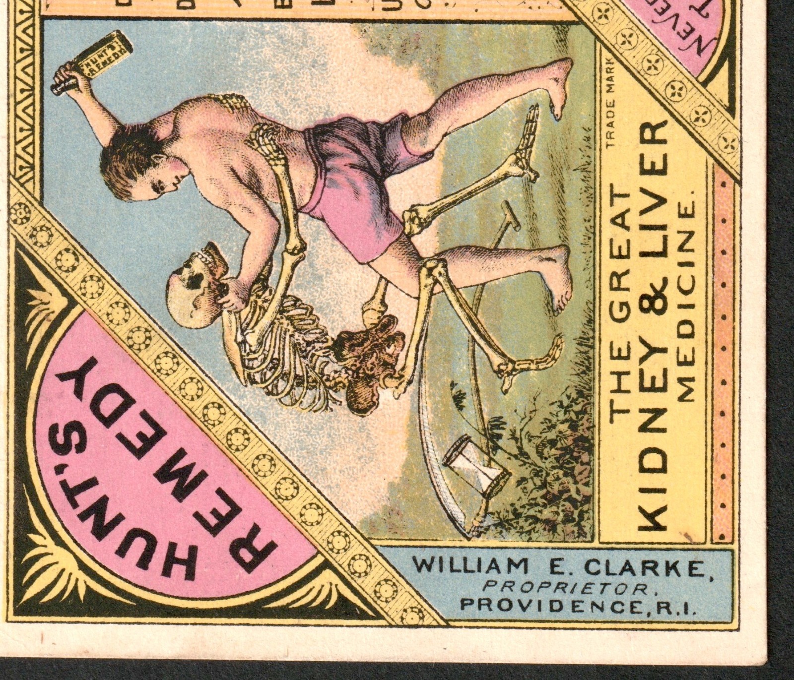 Hunts Remedy Skeleton Bottle Skull Crush Kidney Death Liver Cure Trade Card j.US