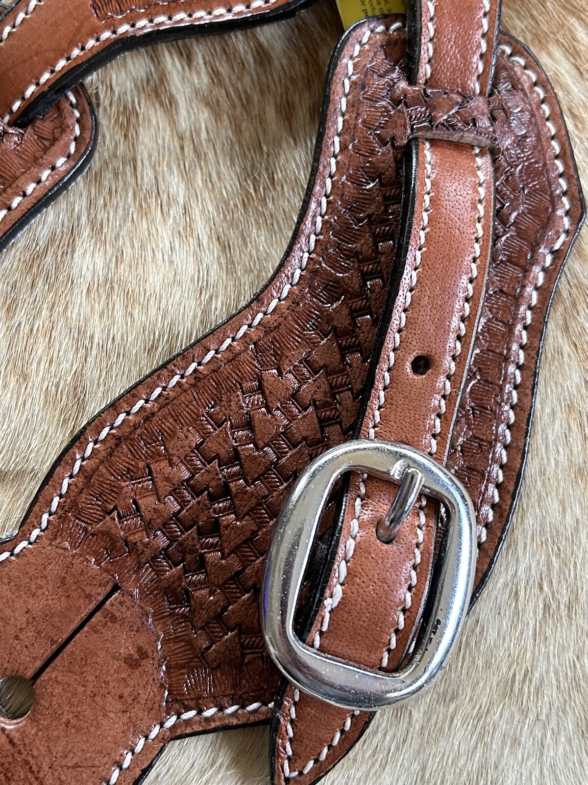 Adult Size Basketweave Tooled Leather Western PAIR Spur Straps Medium Oil Finish